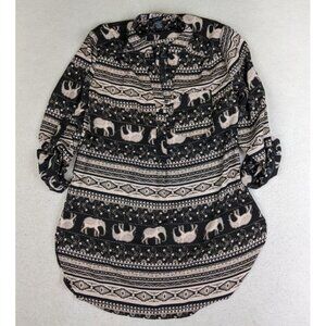 Justify Women's Top Size Small Black & Beige Elephant Print Tunic Tribal